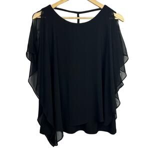 S. Levine Black Asymmetrical Chiffon Layered Sheer Overlay Rhinestone Med Top